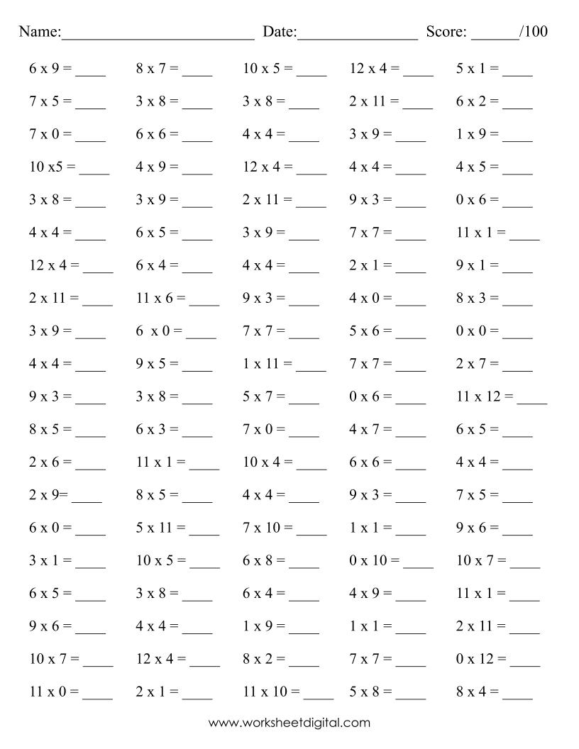 10 Printable Math Drills Multiplication Timetable 0 To 12 Practice Speed Counting PDF Made By Teachers