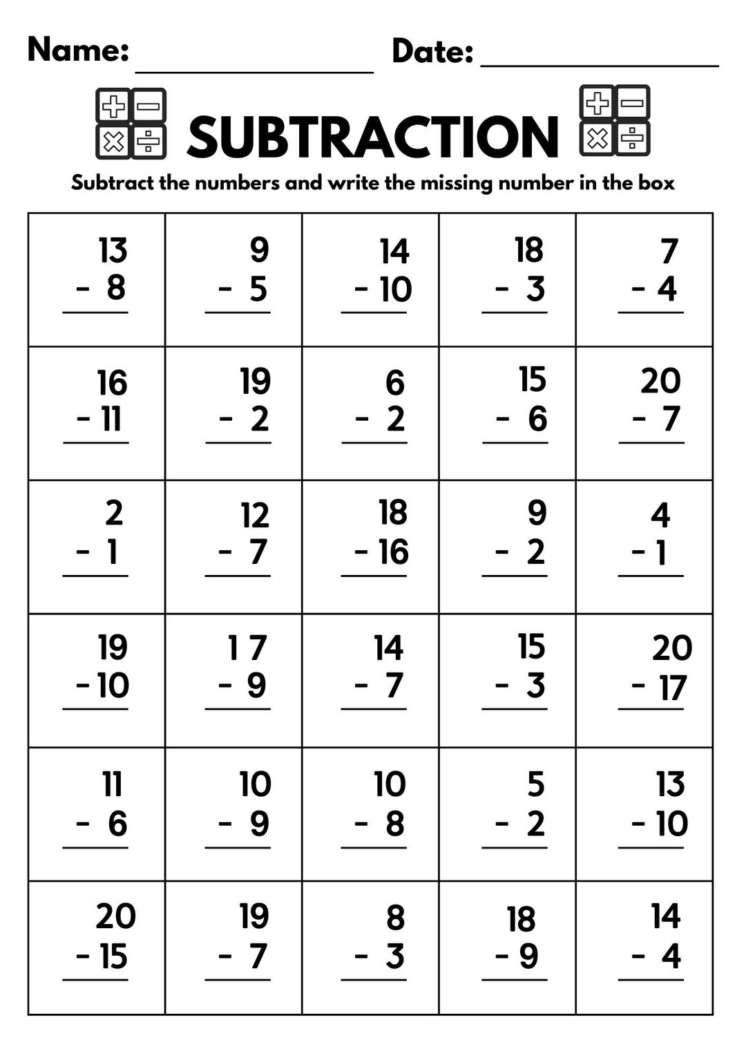 10 Printable Subtraction Fill In The Blanks Worksheets numbers 1 20 For Kindergarten 1st Grade 2nd Grade Math Subtraction Worksheets Etsy