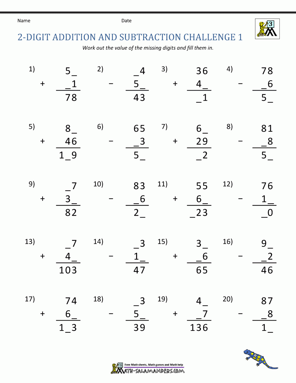2 Digit Addition And Subtraction Worksheets