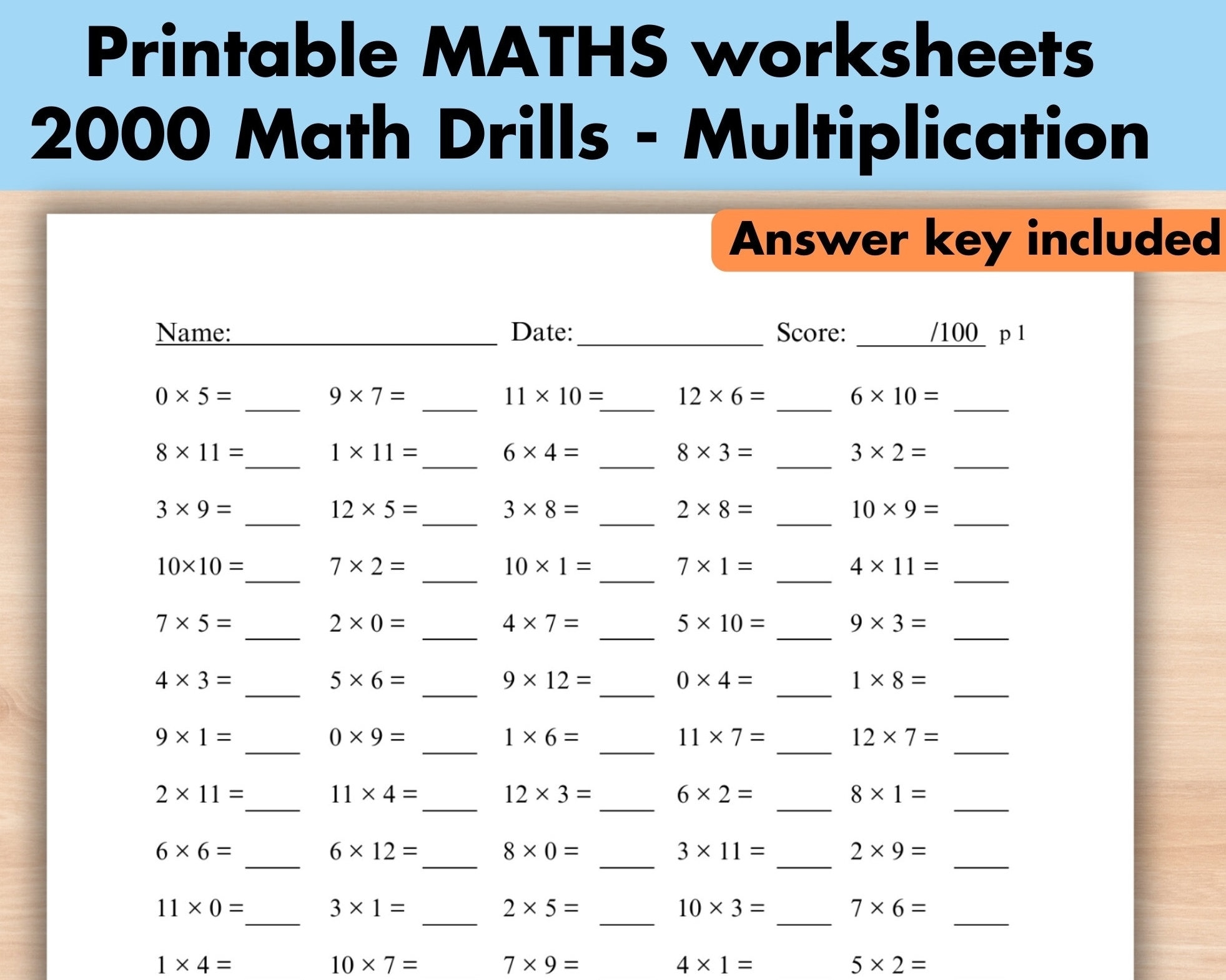 20 Printable Multiplication Worksheets Maths Drills Fill In The Blanks Single Digit Multiplication Numbers 1 12 Answers Included Etsy