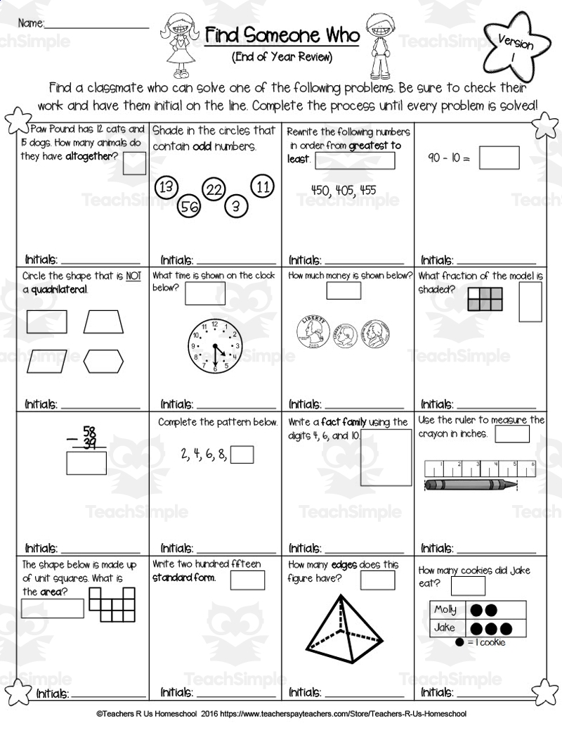 2nd Grade Find Someone Who End Of The Year Math Review By Teach Simple