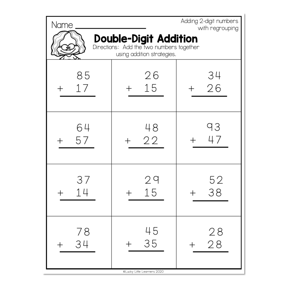 2nd Grade Math Worksheets 2 Digit Addition With Regrouping Double Digit Addition Lucky Little Learners