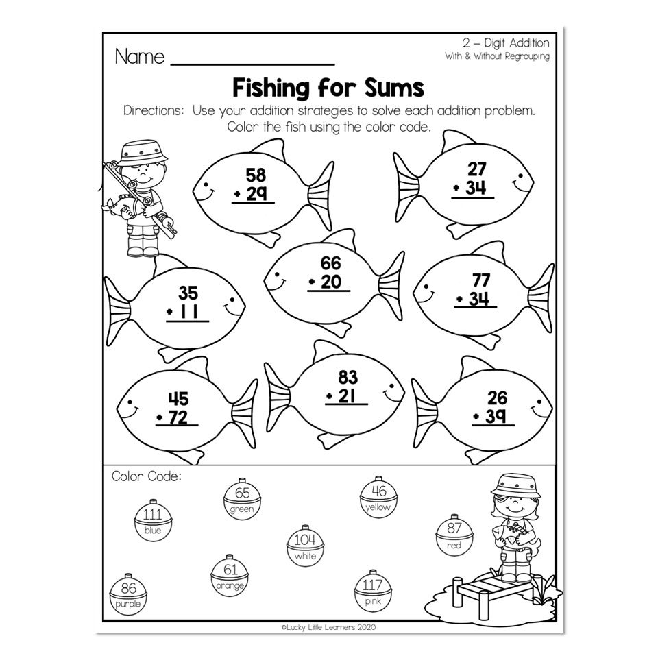 2nd Grade Math Worksheets 2 Digit Addition With Regrouping Fishing For Sums Lucky Little Learners