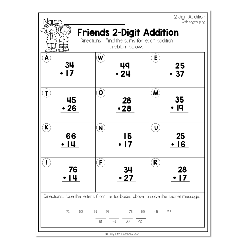 2nd Grade Math Worksheets 2 Digit Addition With Regrouping Friends 2 digit Addition Lucky Little Learners