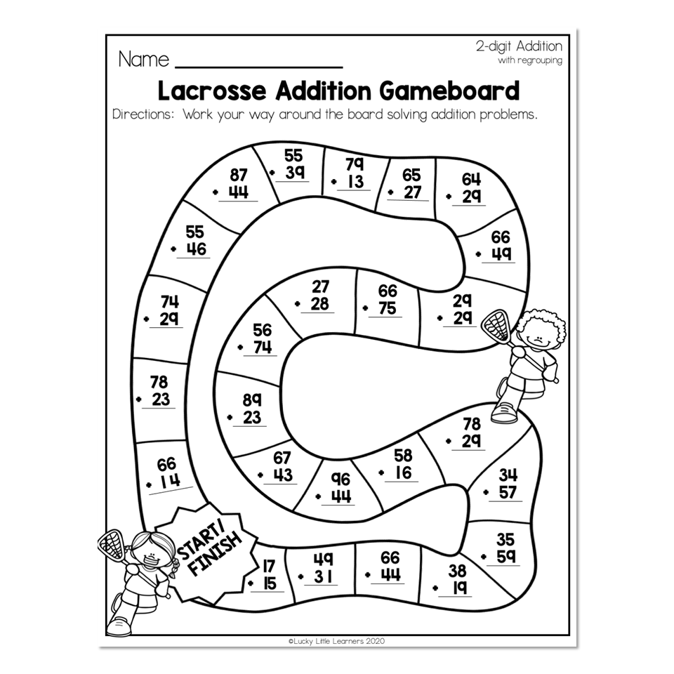 2nd Grade Math Worksheets 2 Digit Addition With Regrouping Lacrosse Addition Gameboard Lucky Little Learners