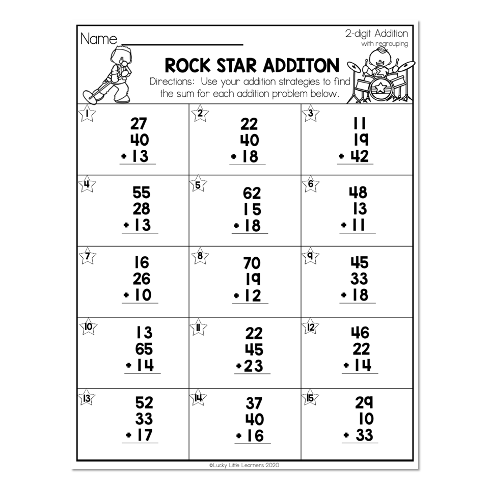 2nd Grade Math Worksheets 2 Digit Addition With Regrouping Rock Star Addition Lucky Little Learners