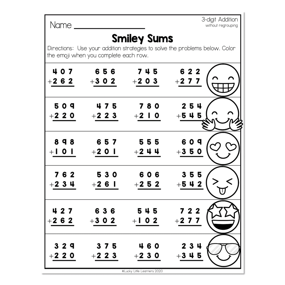 2nd Grade Math Worksheets 3 Digit Addition Without Regrouping Smiley Sums Lucky Little Learners