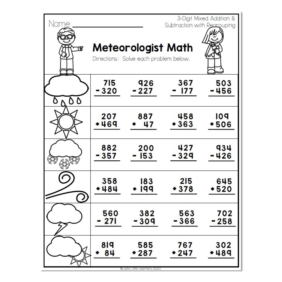 2nd Grade Math Worksheets 3 Digit Mixed Addition And Subtraction With Regrouping Meteorologist Math Lucky Little Learners