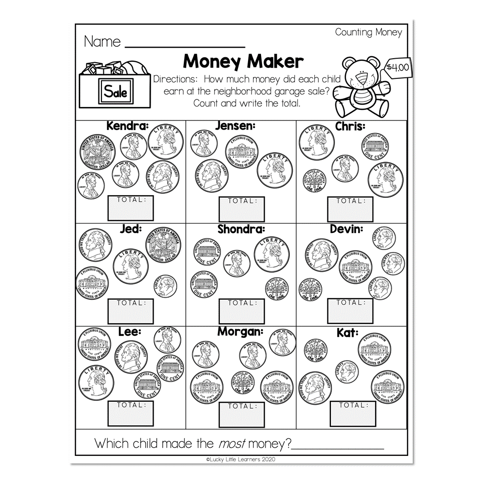 2nd Grade Math Worksheets Money Counting Money Money Maker Lucky Little Learners