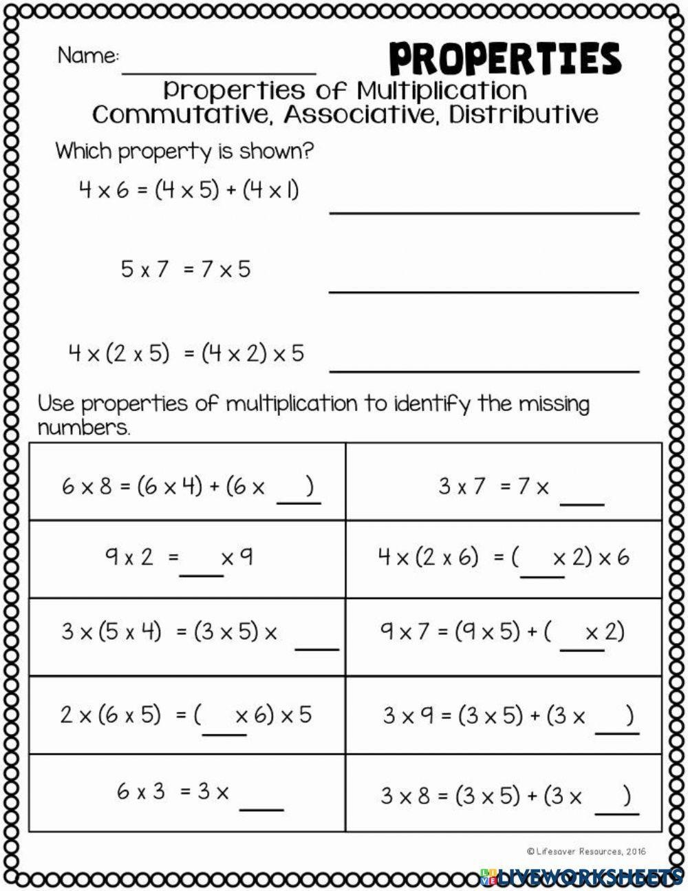 math properties worksheet