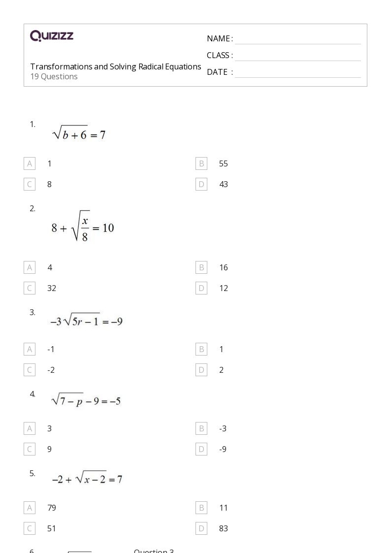 solving radical equations worksheet math 154b