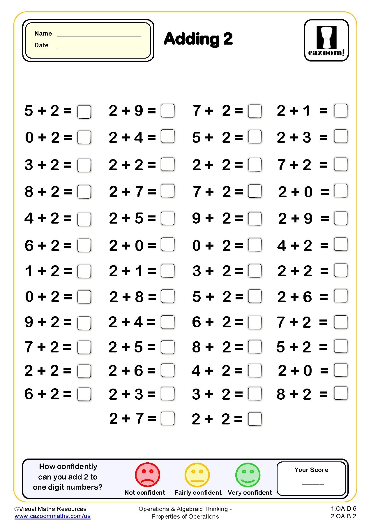Adding 2 Drills Worksheet 50 Questions Grade 1 PDF Addition Worksheets