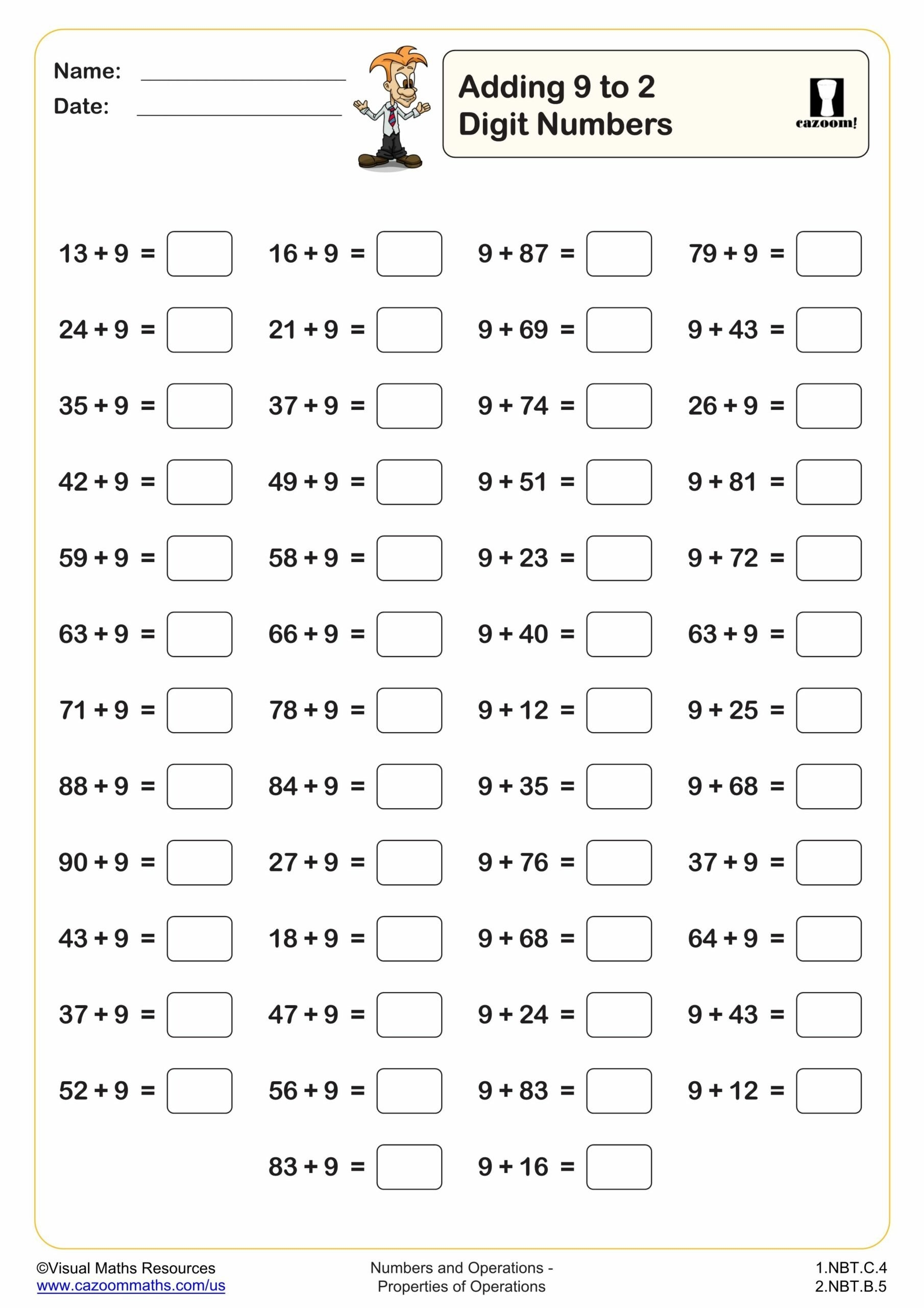 Adding 9 To 2 Digit Numbers 50 Questions Fun And Engaging 1st Grade PDF Worksheets