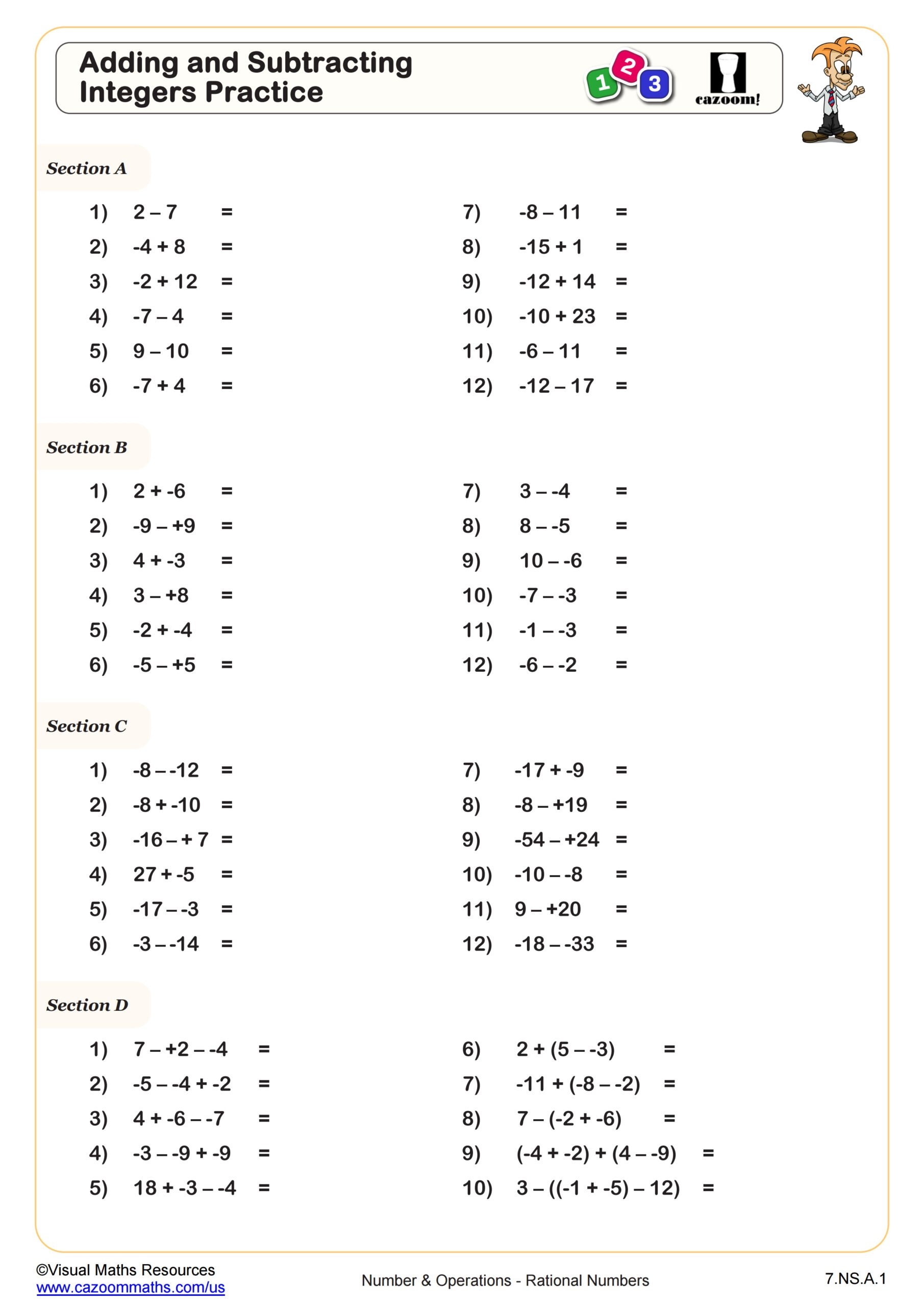 Math Adding And Subtracting Integers Worksheets