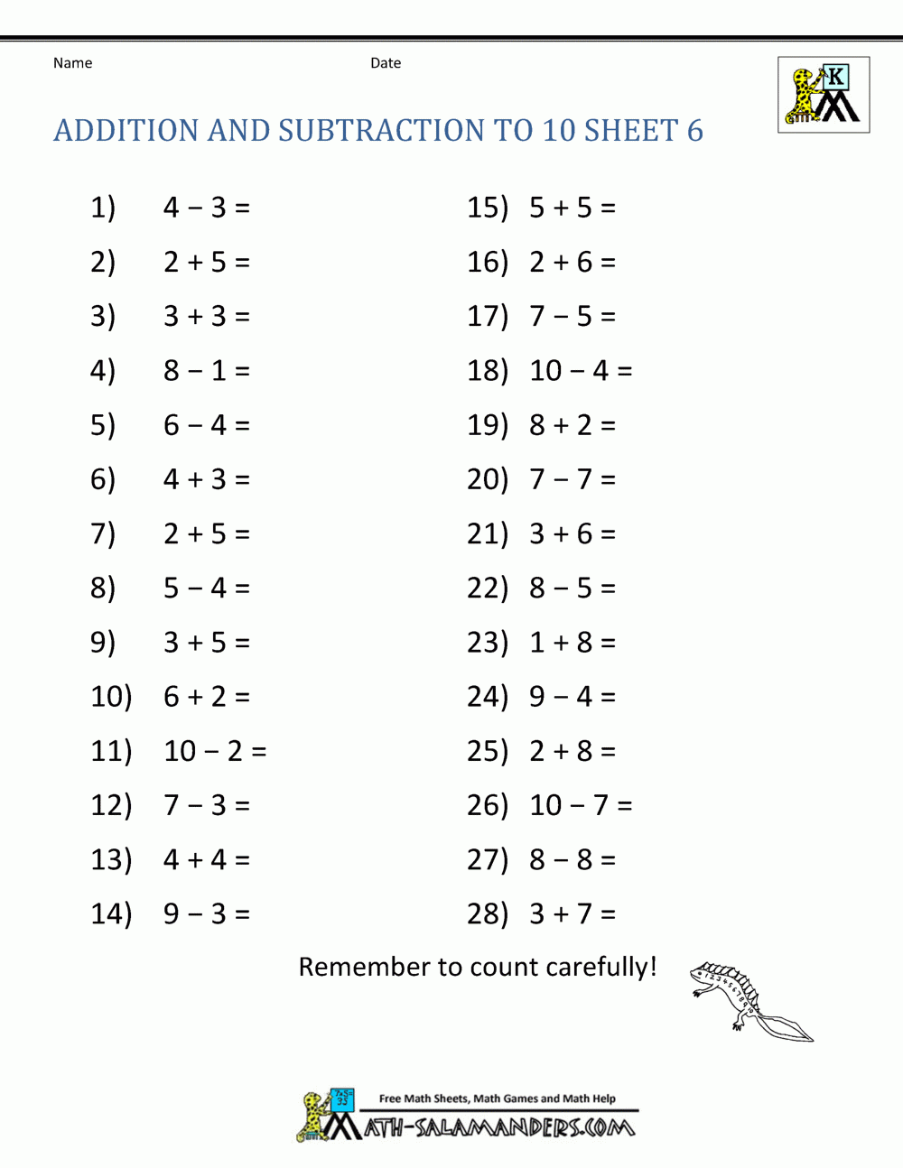 Math Worksheets Addition And Subtraction
