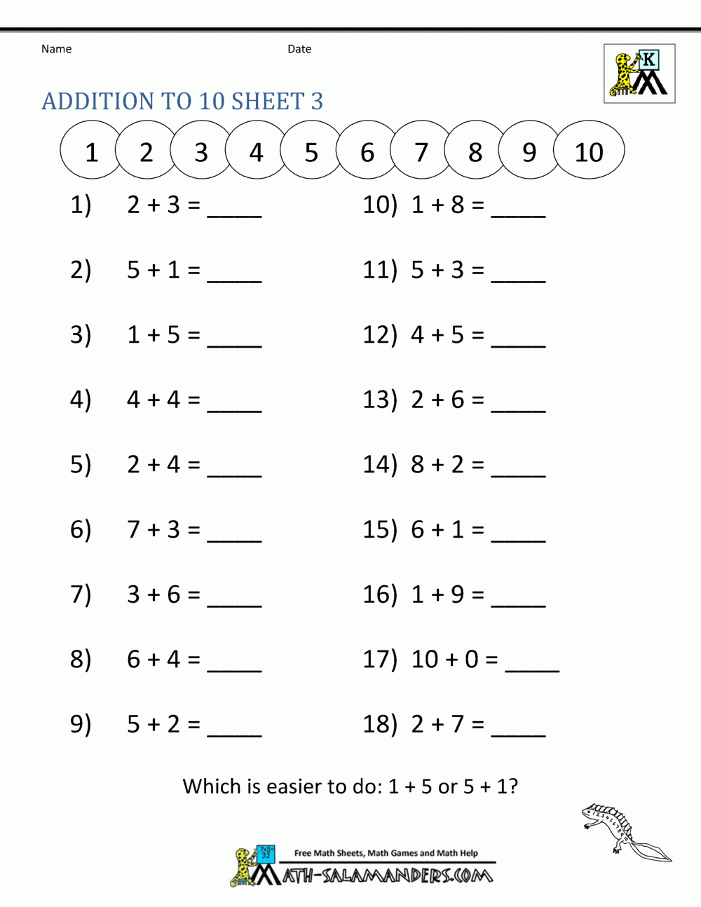 Addition Math Worksheets For Kindergarten
