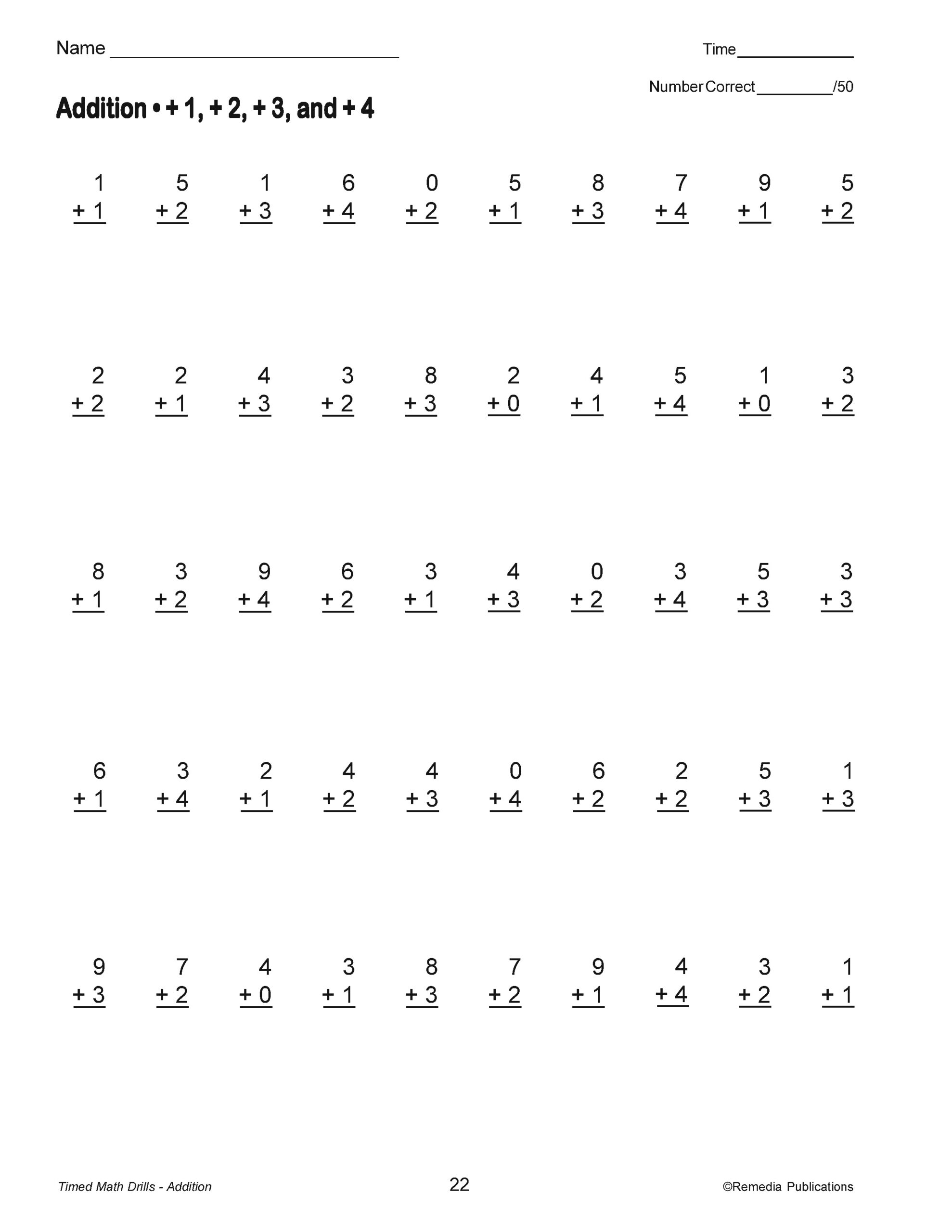 Addition Timed Math Drills Basic Math Facts Single Addend Progressing Classful