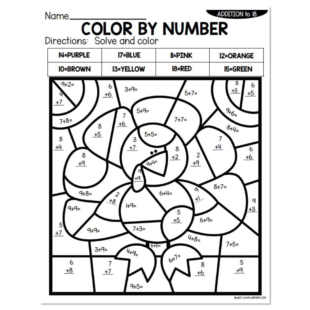 Addition To 18 Fall Color By Number Turkey Lucky Little Learners