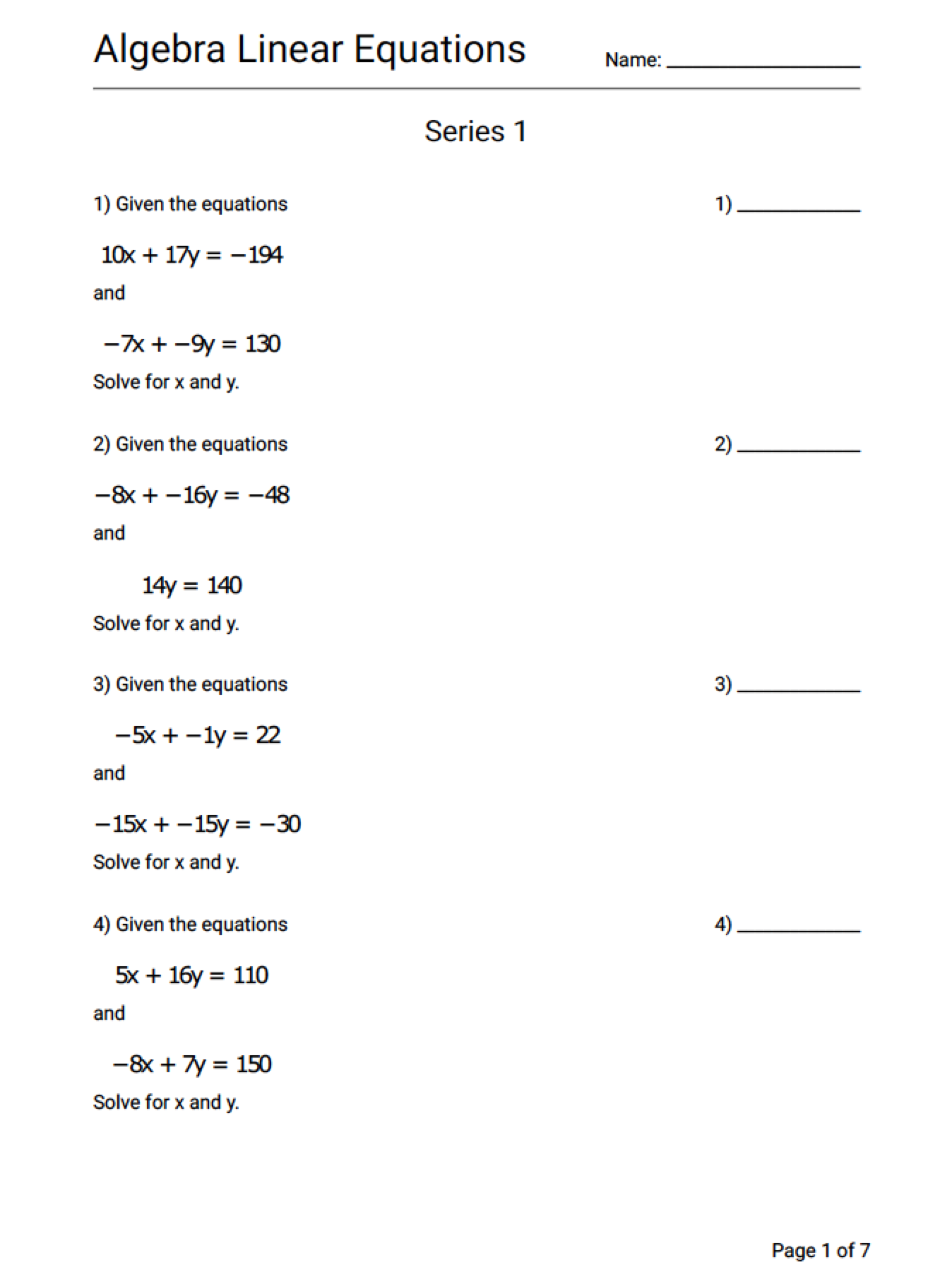 Algebra Linear Equations Worksheet Series 1 Geek Slop Online