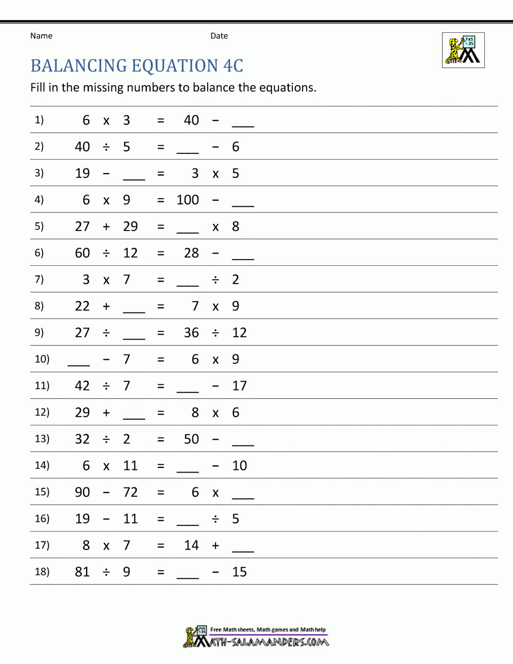 Math Equations Worksheets