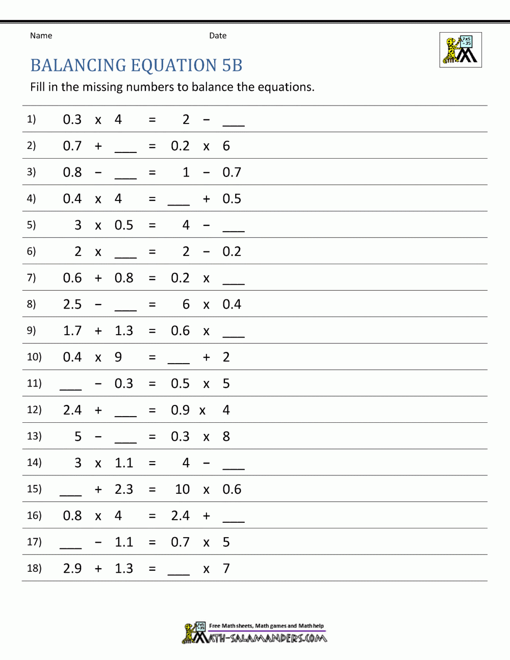 Math Equations Worksheet