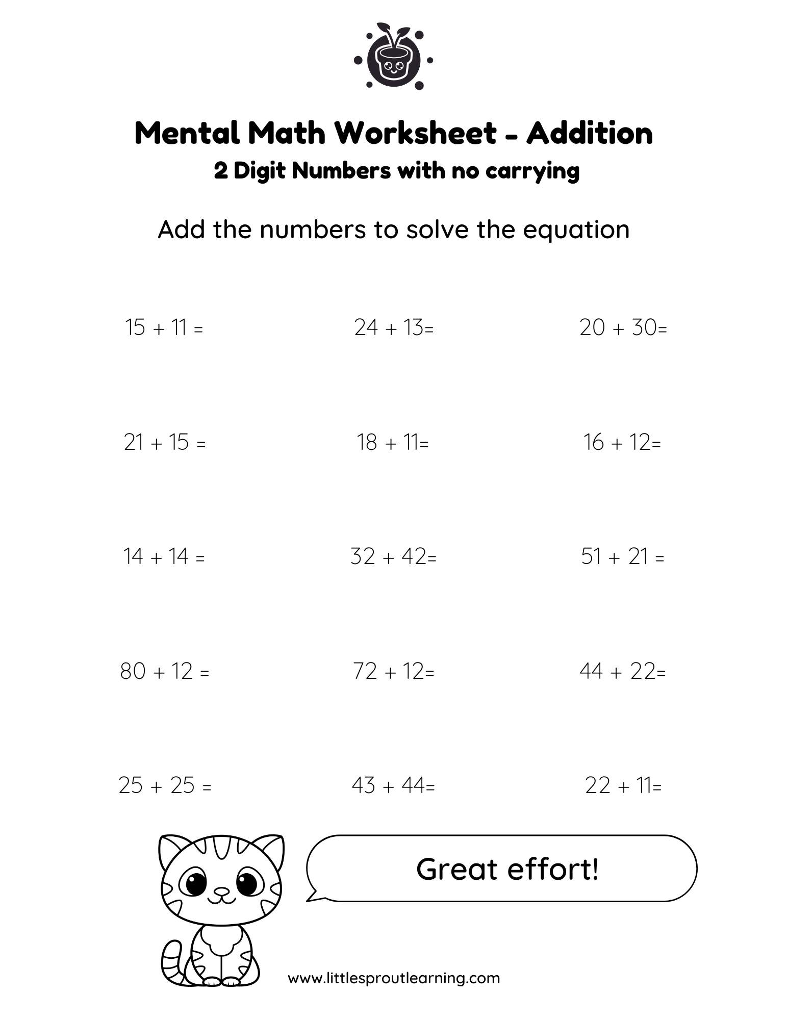 Two Digit Mental Math Worksheet