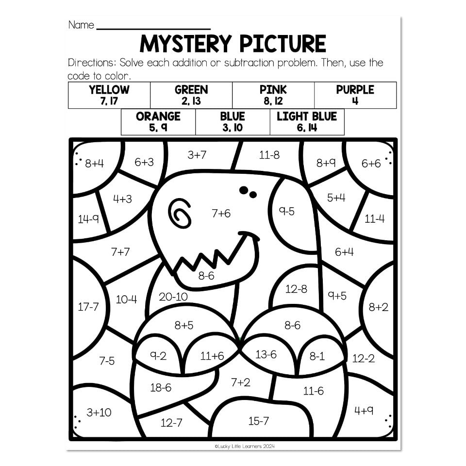 Dinosaur Transformation Math Addition And Subtraction Mystery Picture Lucky Little Learners