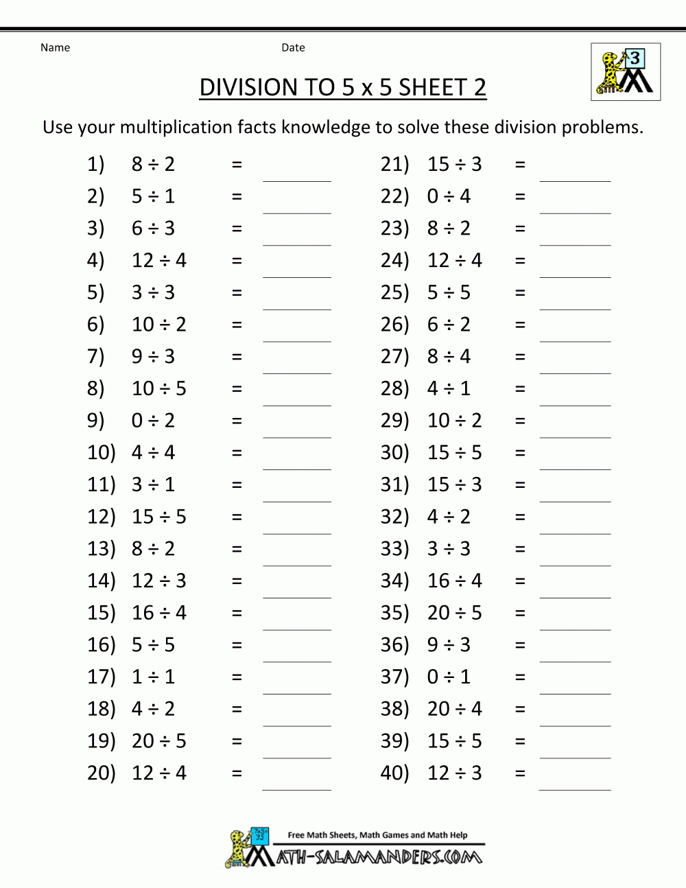 Division Math Facts Worksheets