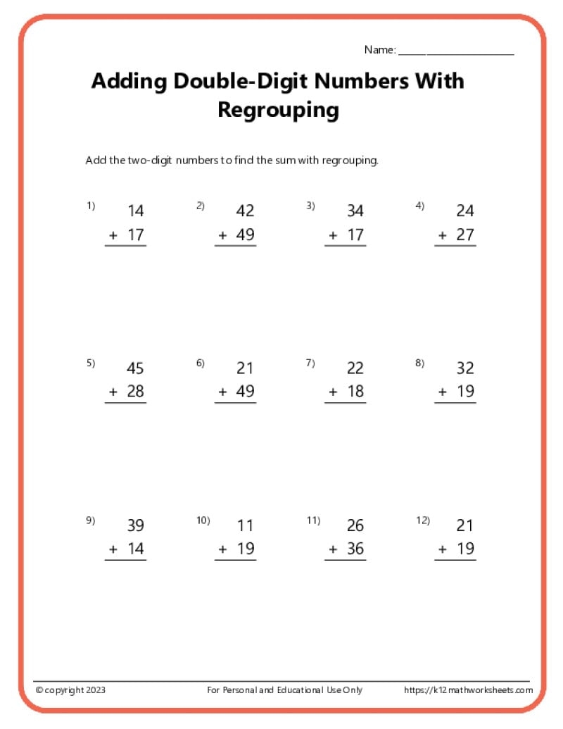 Double Digit Addition With Regrouping Worksheets