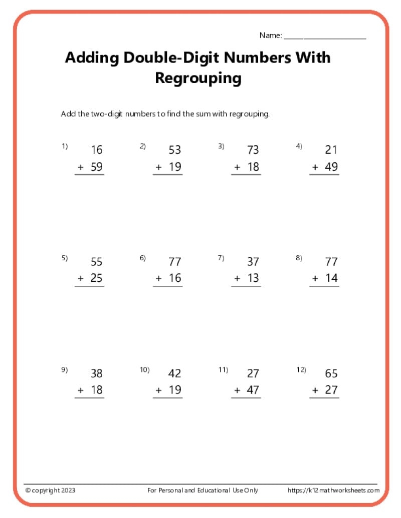 Double Digit Addition With Regrouping Worksheets
