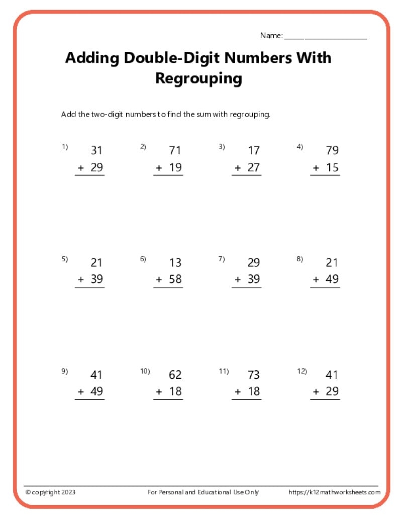 Double Digit Addition With Regrouping Worksheets