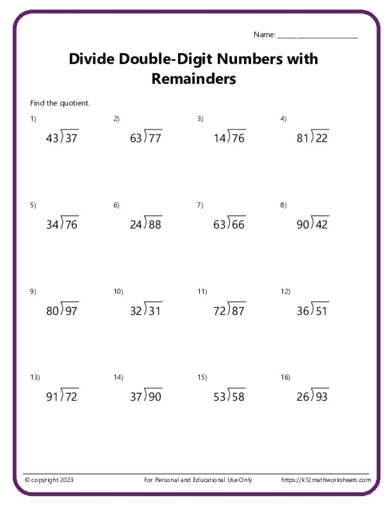 math worksheets division with remainders