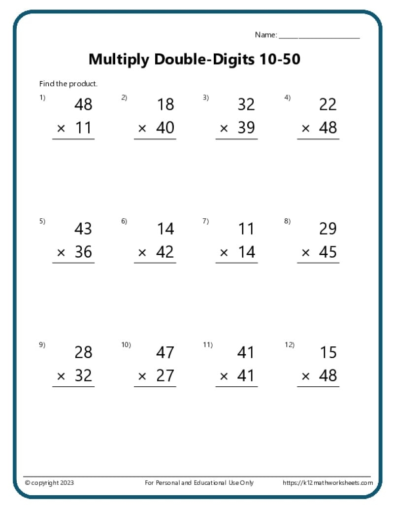 Double Digit Multiplication Worksheets