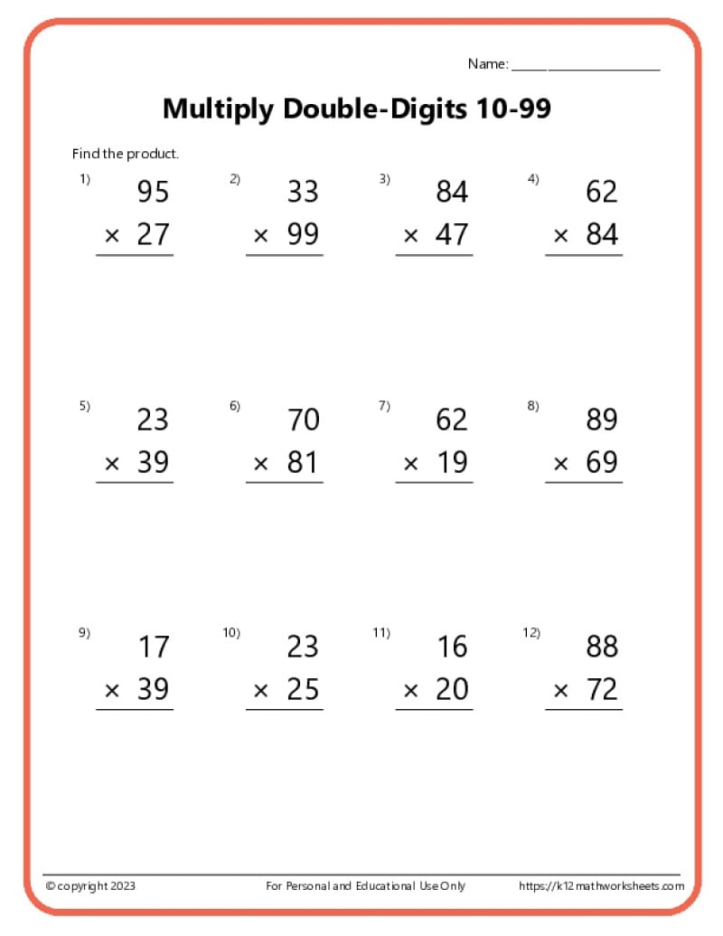Double Digit Multiplication Worksheets
