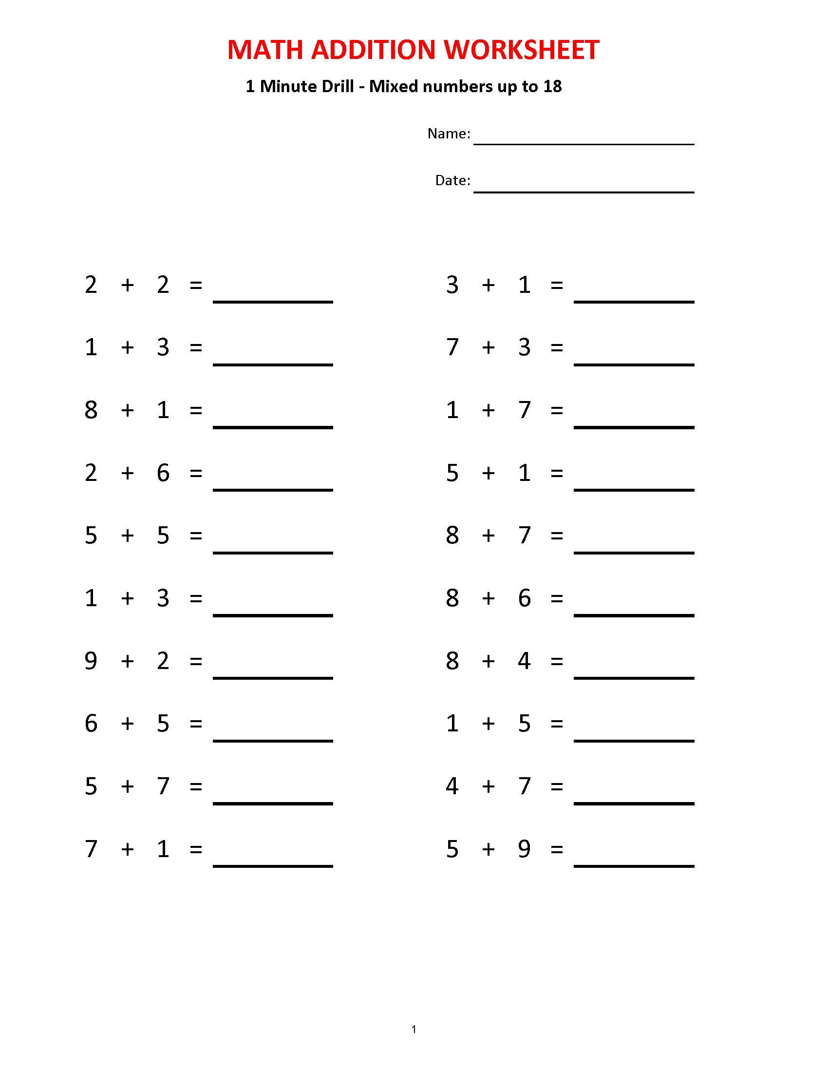 Easy Addition Practice For Kids Addition 1 Minute Drill H 10 Worksheets With Answers Pdf Grade 1 2 3 Printable Addition Worksheets Etsy