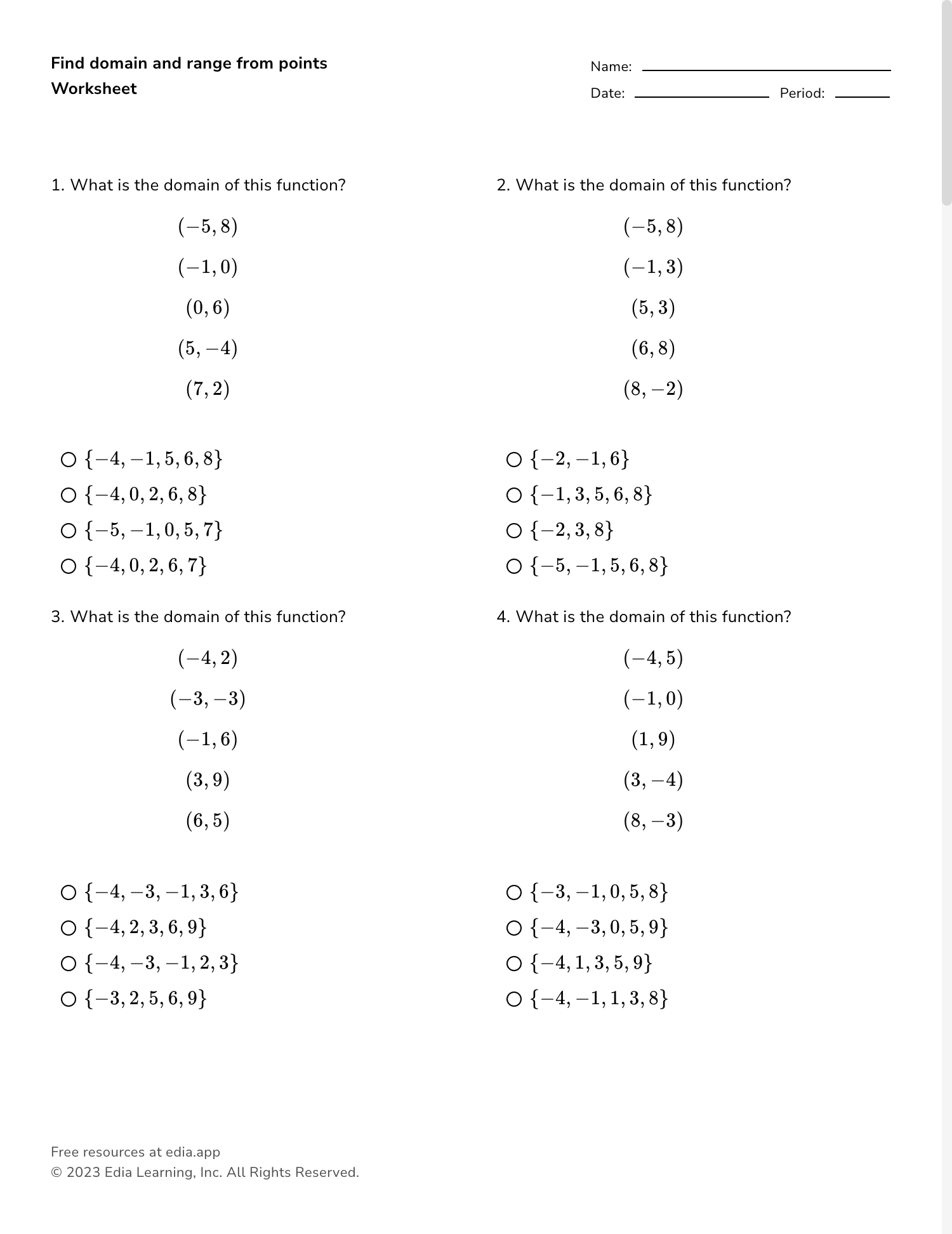 Domain And Range Math Worksheets