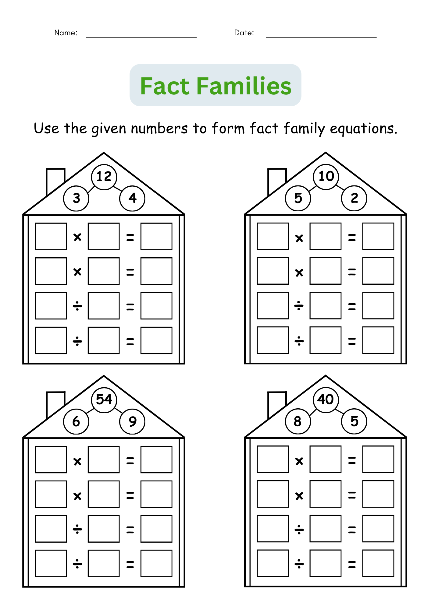 Fact Families Multiplication And Division Number Math Worksheets For Grade 1 2 Made By Teachers