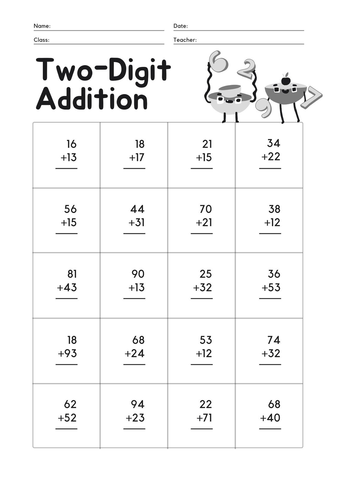 two digit mental math worksheet