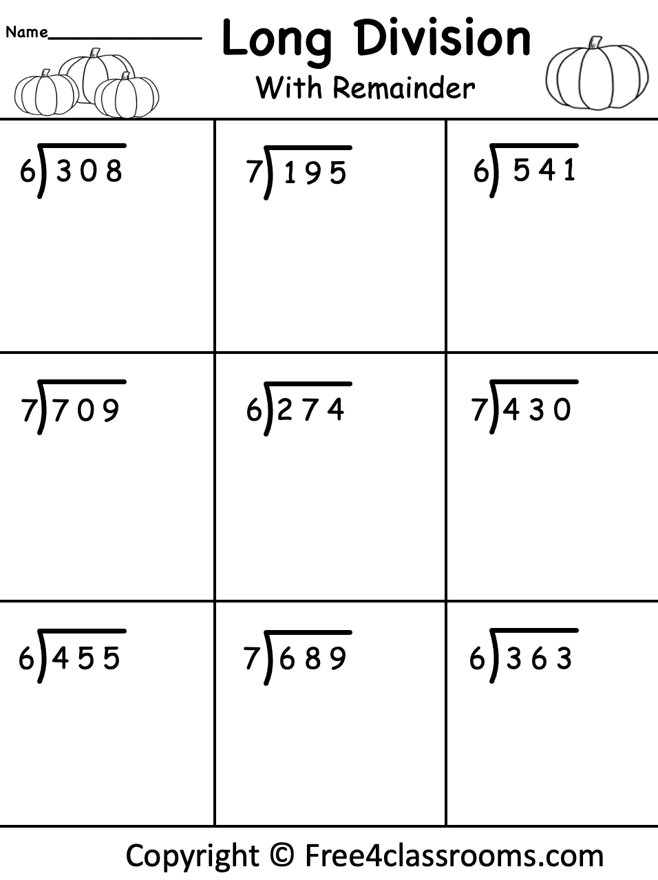 Free Long Division Worksheet 3 Digits By 1 With Remainder Halloween Free Worksheets Free4Classrooms