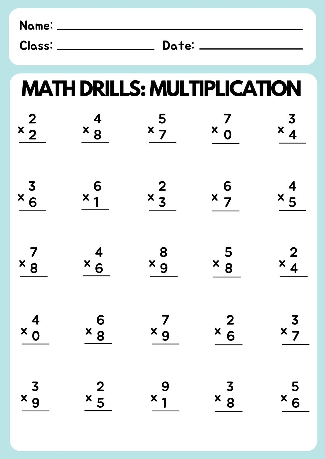 Math Practice Multiplication Worksheets