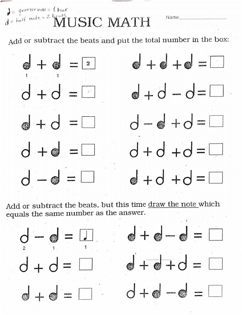 music and math worksheets