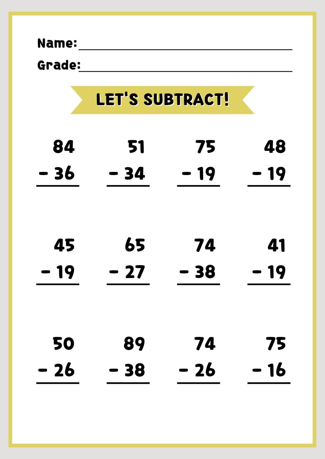 Free Subtraction Worksheet Templates To Edit And Print Canva