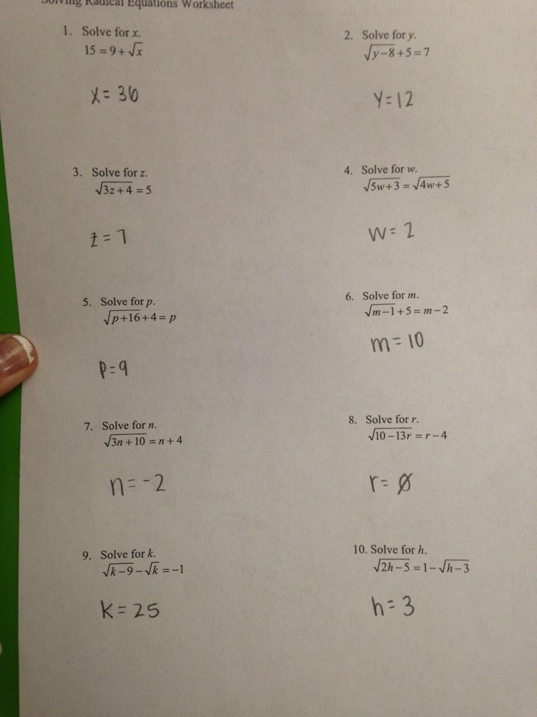 Solving Radical Equations Worksheet Math 154b