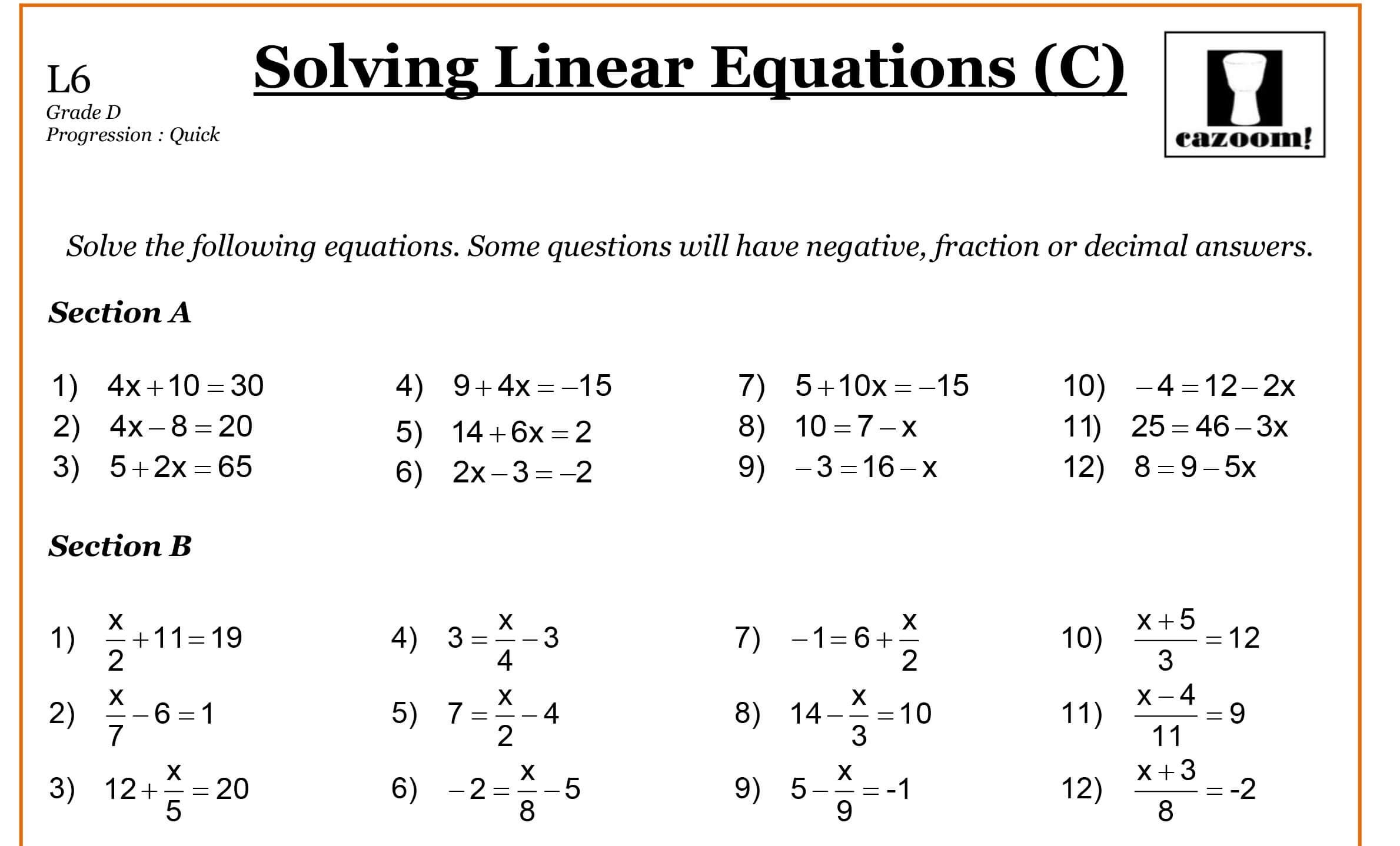 Image Result For Grade 9 Math Worksheets Linear Equations Word Worksheets Library