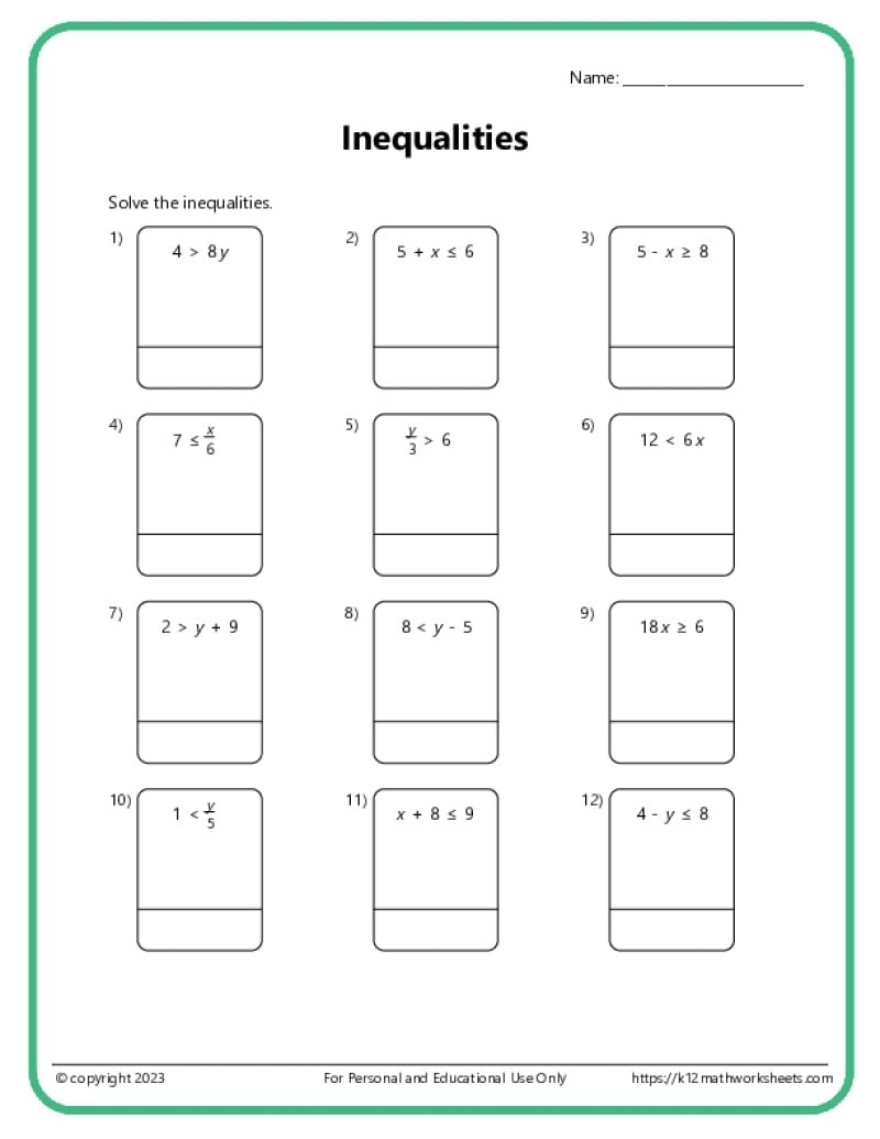 Inequality Math Worksheets