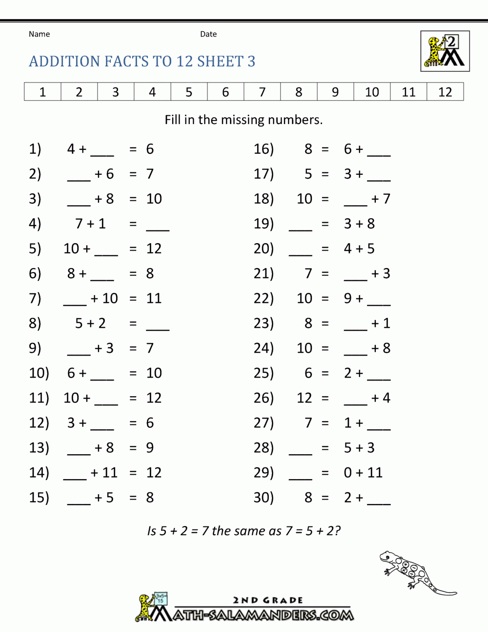 Learning Addition Facts To 12 Learning Addition Facts To 12