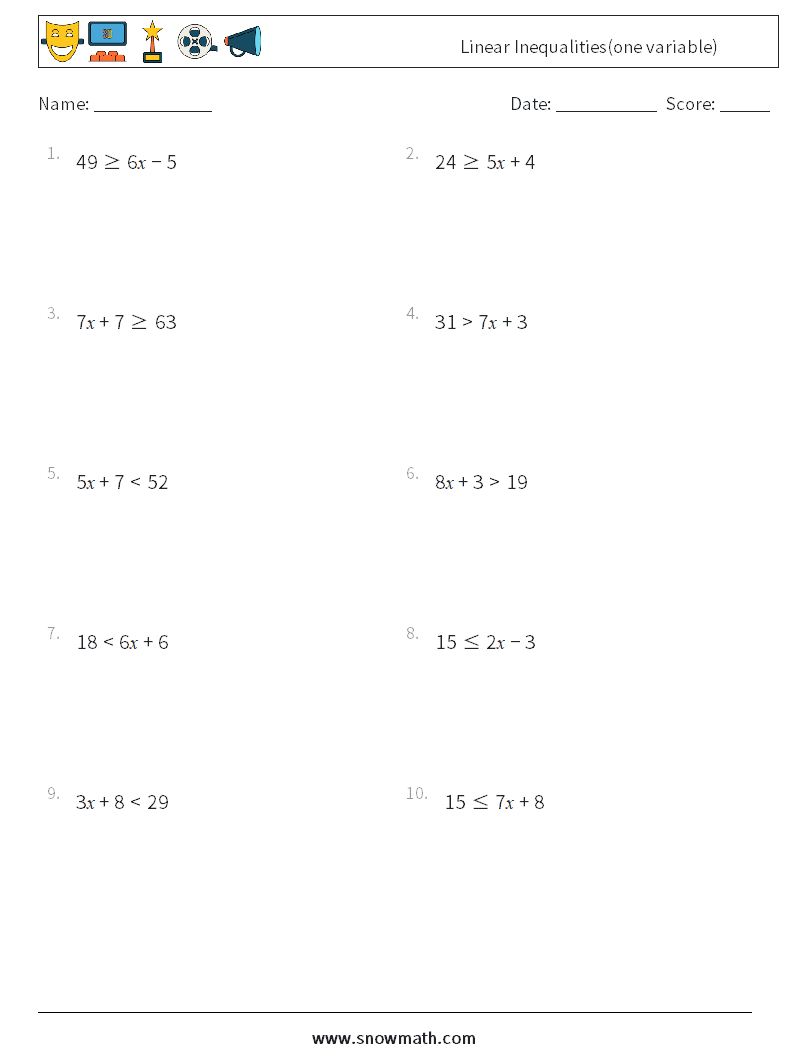 inequality math worksheets