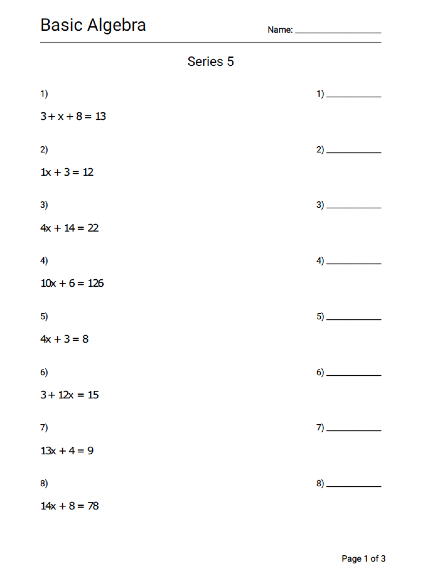Math Basic Algebra Equations Worksheet Value 5 PACK Series 1 5 Geek Slop Online