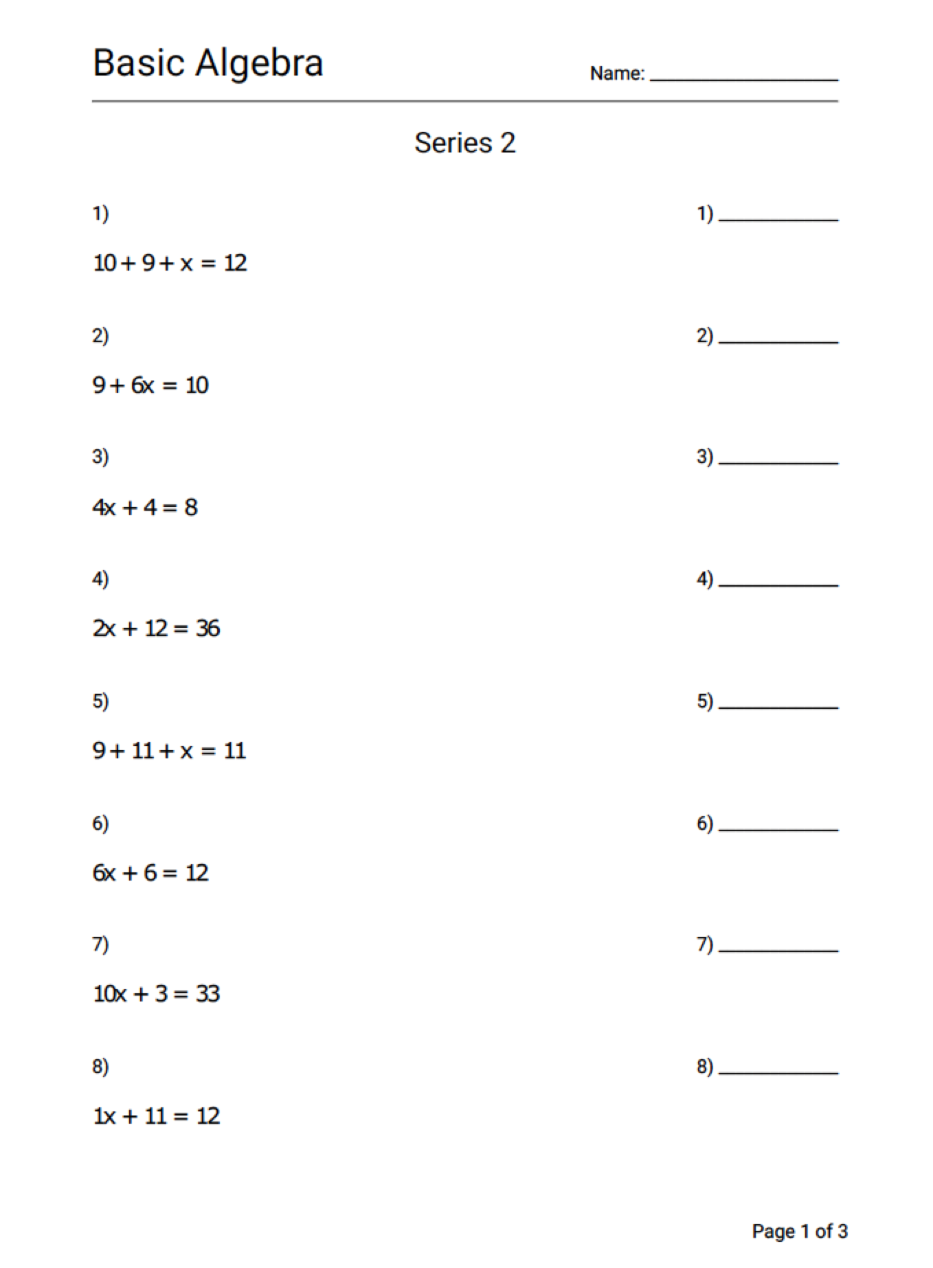 Math Basic Algebra Equations Worksheet Value 5 PACK Series 1 5 Geek Slop Online