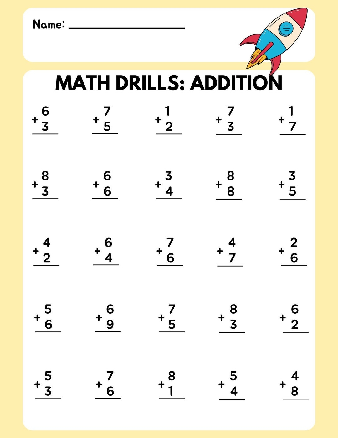 Math Drill Addition Worksheet 3 Etsy